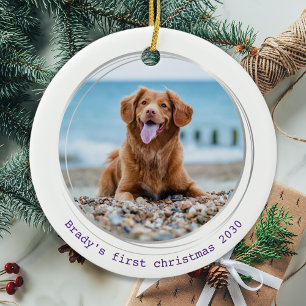 Modern Dog Personalized 2 Pet Photo Christmas Ceramic Ornament