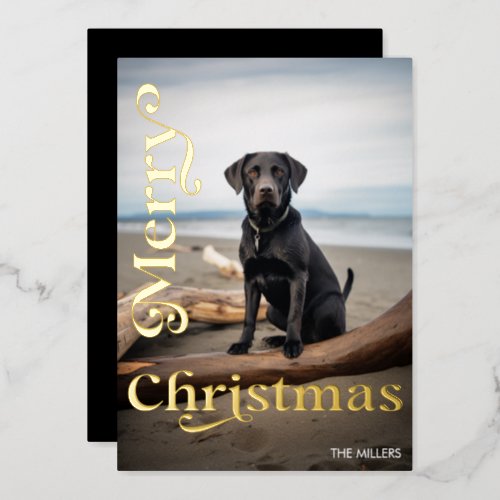 Modern Dog Pet Merry Christmas Minimalist Photo Foil Holiday Card