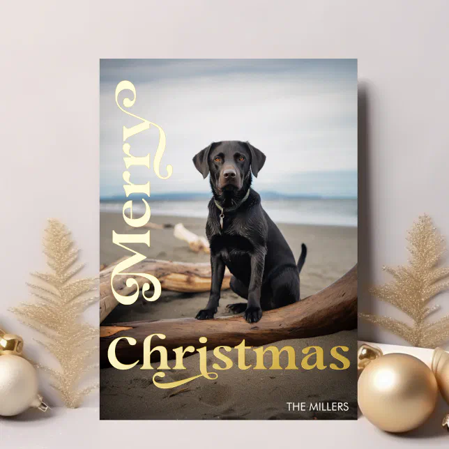Modern Dog Pet Merry Christmas Minimalist Photo Foil Holiday Card | Zazzle
