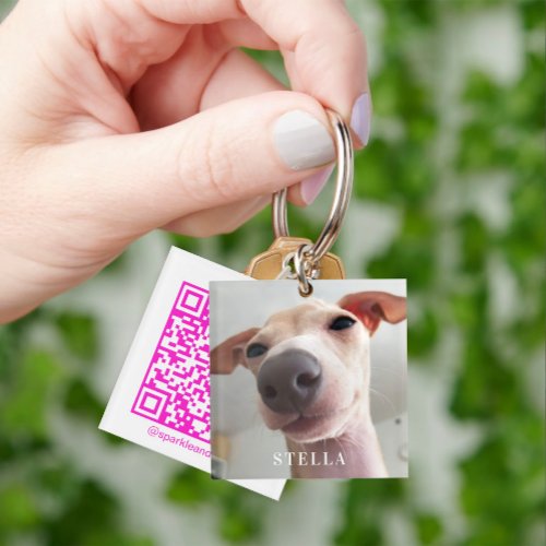 Modern Dog Pet Social Media QR Code Photo  Keychain
