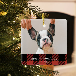 Modern Dog Photo Red Buffalo Plaid Merry Woofmas Ceramic Ornament