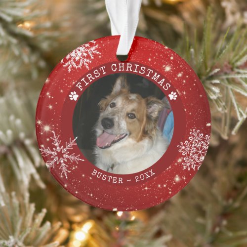 Modern Dog Red FIRST CHRISTMAS Snowflake Photo Ornament