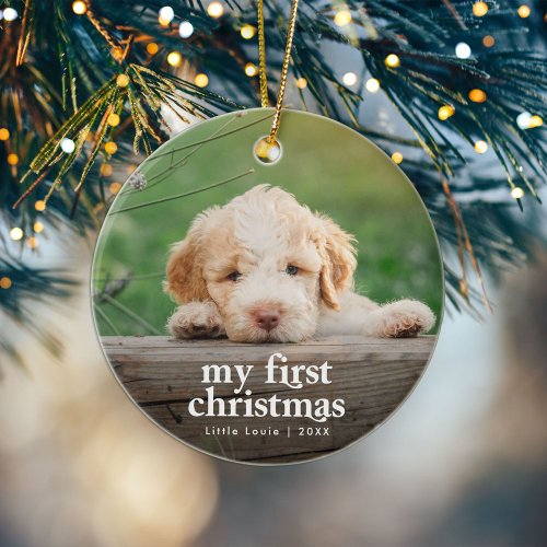 Modern Dogs First Christmas Photo Ceramic Ornament