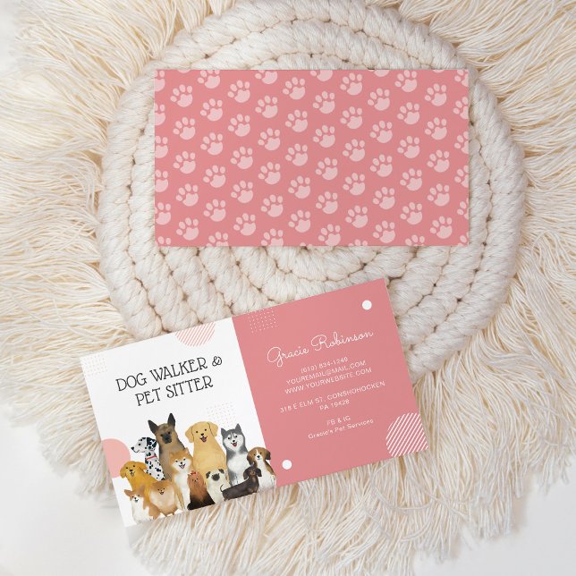 Modern Dog Walker Pet Sitter Watercolor Pink Business Card (Creator Uploaded)
