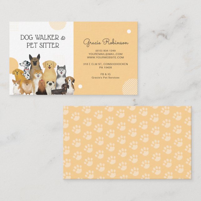 Modern Dog Walker Pet Sitter Watercolor Yellow Business Card (Front/Back)
