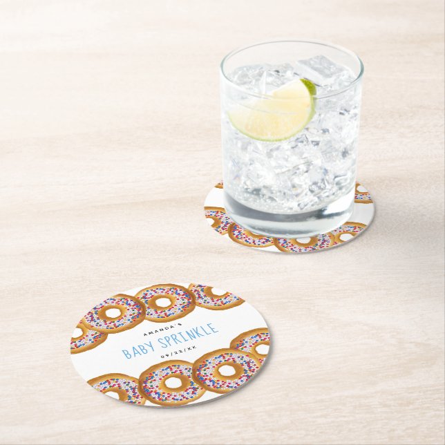 Modern Donut Boys Baby Shower Sprinkle Round Paper Coaster (Insitu)