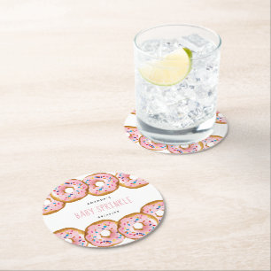Modern Donut Girls Baby Shower Sprinkle Round Paper Coaster