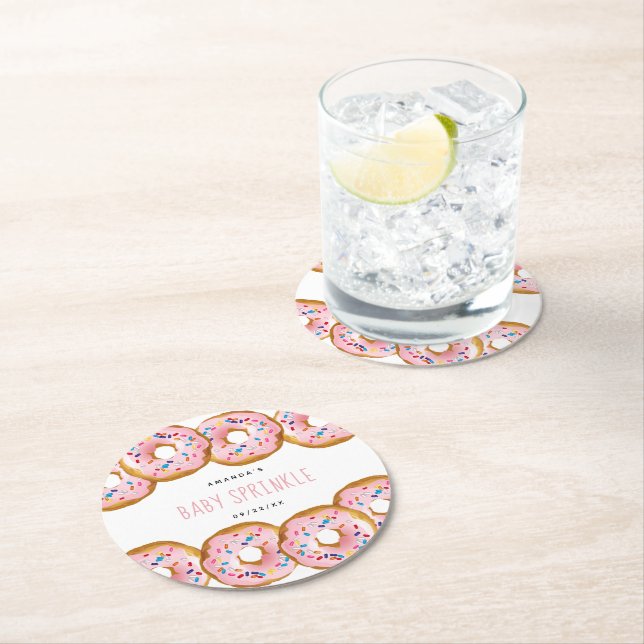 Modern Donut Girls Baby Shower Sprinkle Round Paper Coaster (Insitu)