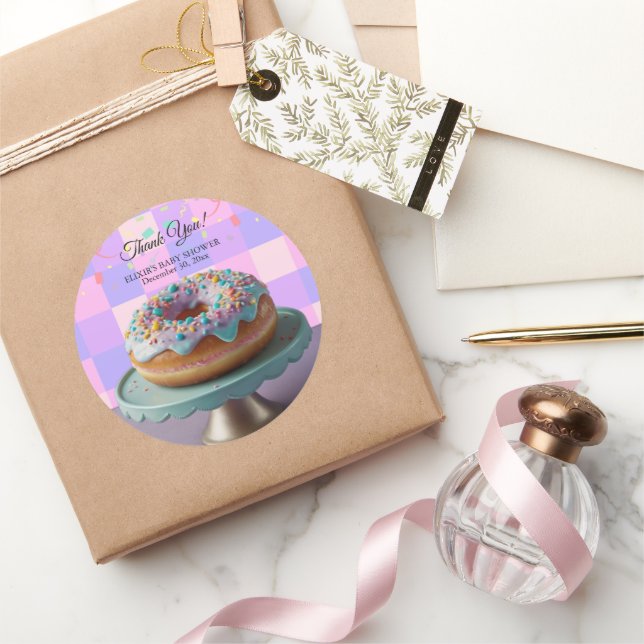 Modern Donut Sprinkles Checkered Baby Shower Classic Round Sticker (Gifting)