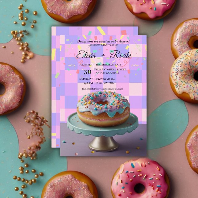 Modern Donut Sprinkles Checkered Baby Shower Invitation (Creator Uploaded)