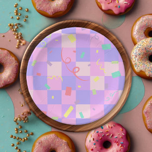 Modern Donut Sprinkles Checkered Baby Shower Paper Plates
