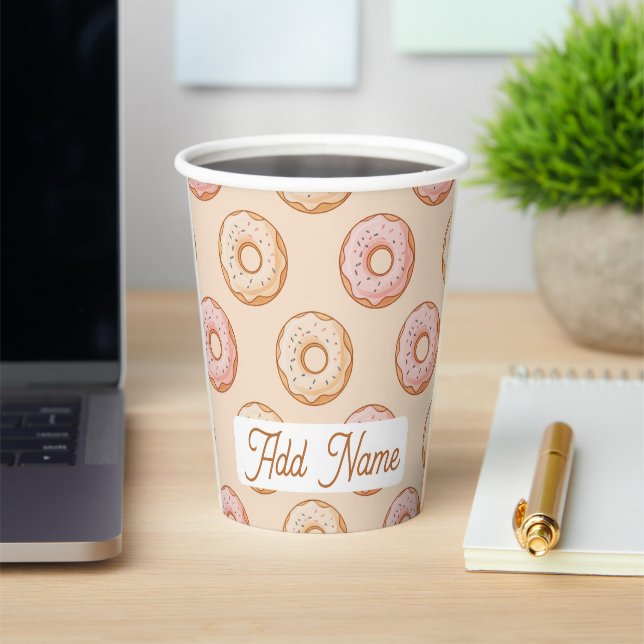 Modern Donuts Pattern With Name Paper Cups (Insitu)