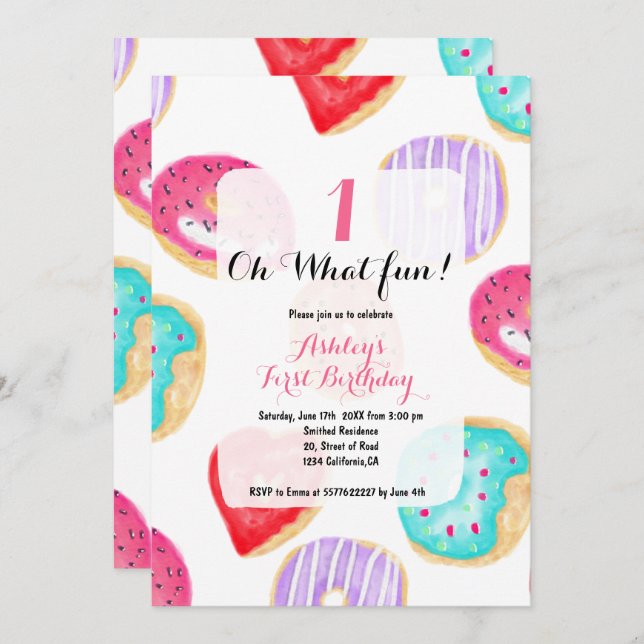Modern donuts watercolor pattern fun 1st birthday invitation (Front/Back)