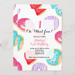 Modern donuts watercolor pattern fun 1st birthday invitation