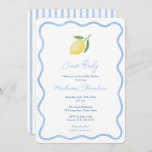 Modern Doodle Blue Border Lemon Baby Boy Shower Invitation