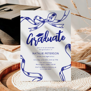 Modern Doodle Blue Bow Graduation Party Invitation