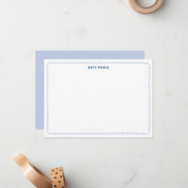 Modern Doodle Border Blue Personalized Flat Note Card (Front/Back In Situ)