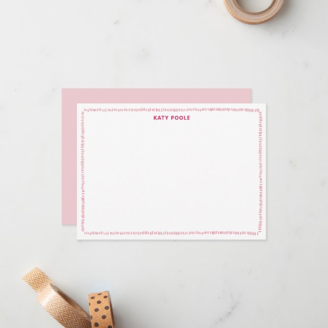 Modern Doodle Border Pink Personalized Flat Note Card (Front/Back In Situ)