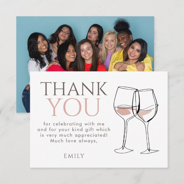 Modern Doodle Wine Photo Thank You Bridal Shower Card (Front/Back)