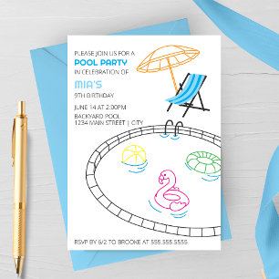 Modern Doodles Pool Party Birthday Invitation