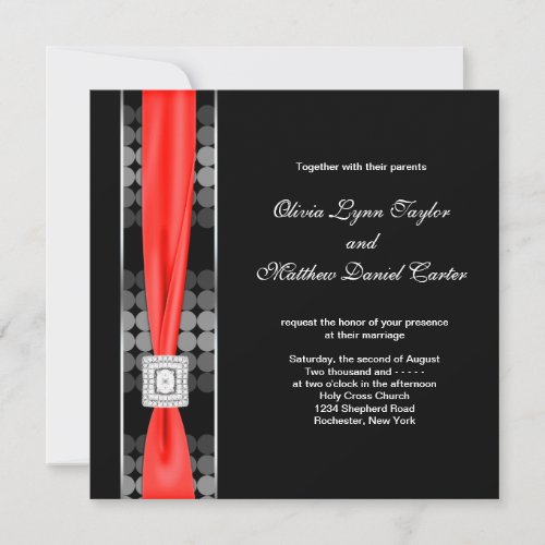 Modern Dot Black White Red Black Wedding Invitation