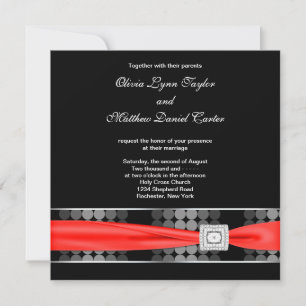 Modern Dot Black White Red Classy Black Wedding Invitation