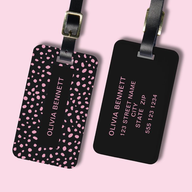 Modern Dots Black Pink Luggage Tag (Modern & stylish luggage tag perfect travel accessories  Black with scattered pink dots. Customize!)