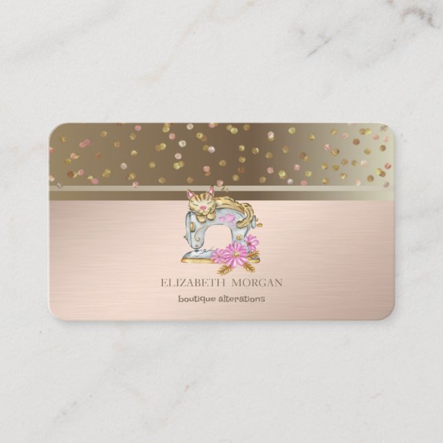  Modern Dots Confetti Floral Sewing Machine Cat Business Card (Front)