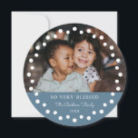 Modern Dots Frame Blue Ornament 2 Photo Holiday Card<br><div class="desc">This stylish, modern photo card doubles as a Christmas tree ornament! Simply punch a hole through the top circle in the design. Then put a ribbon through the hole and tie it into a loop! The color block at the bottom can be customized to any color you'd like (shown in...</div>