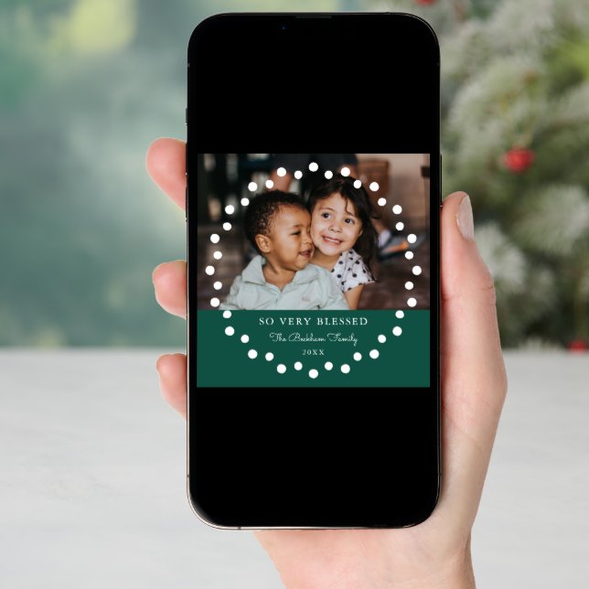 Modern Dots Frame Green Ornament 2 Photo Holiday Card (Front Digital)