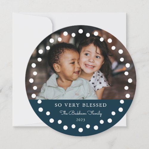 Modern Dots Frame Navy Ornament 2 Photo Holiday Card