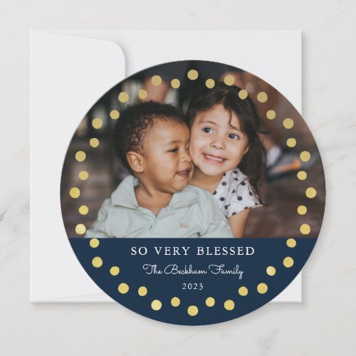Modern Dots Frame Ornament Gold Navy 2 Photo Holiday Card