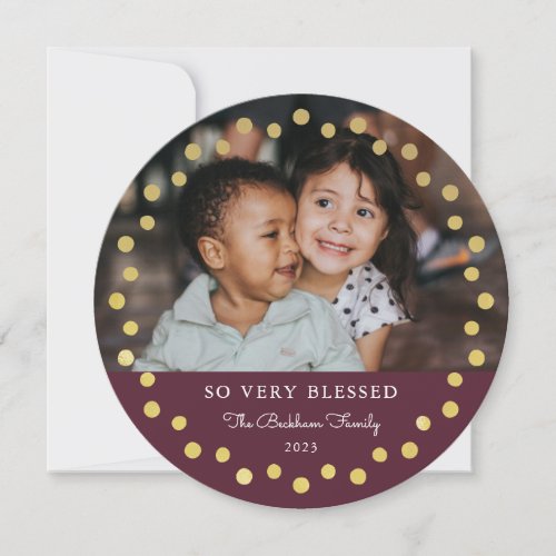 Modern Dots Frame Ornament Gold Plum 2 Photo Holiday Card