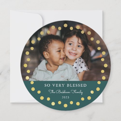 Modern Dots Frame Ornament Gold Teal 2 Photo Holiday Card