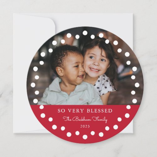 Modern Dots Frame Red Ornament 2 Photo Holiday Card
