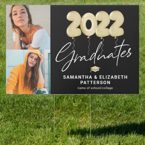 Modern Double Graduation 2022 Photo Sign - Celebrate the graduates with this trendy double graduation yard sign featuring a trendy black background, a photo of the graduates, watercolor gold 2022 balloons, their names, and the high school or college they attended.