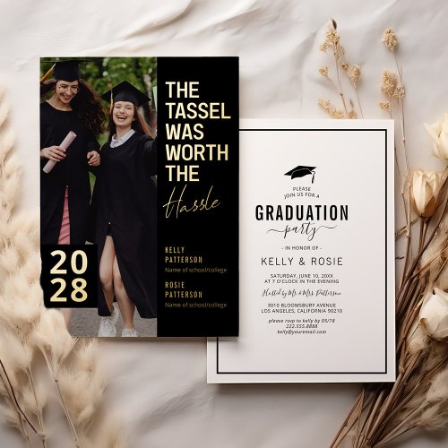 Modern Double Graduation Photo Party Gold Foil Invitation - Celebrate the graduates with these modern double graduation invitations featuring a stylish black background, photos of the grads, the saying 'the tassel was worth the hassle', and a trendy real gold foil template (can be changed to silver or rose gold) that is easy to personalize.