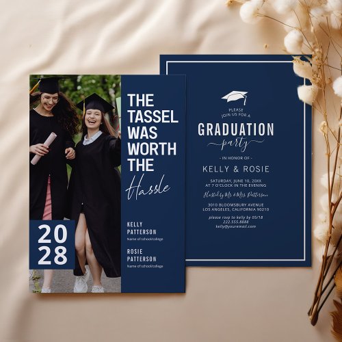 Modern Double Graduation Photo Party Invitation - Celebrate the graduates with these modern double graduation invitations featuring a blue background, a photo of the grads, the saying 'the tassel was worth the hassle', and a trendy party template that is easy to personalize.