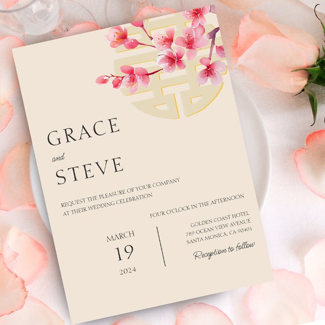 Modern Double Happiness Chinese Korean Wedding Invitation (Modern Double Happiness Chinese Korean Wedding Invitation)