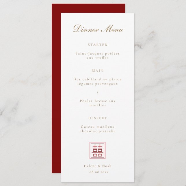 Modern Double Happiness Chinese Wedding Menu   (Front/Back)