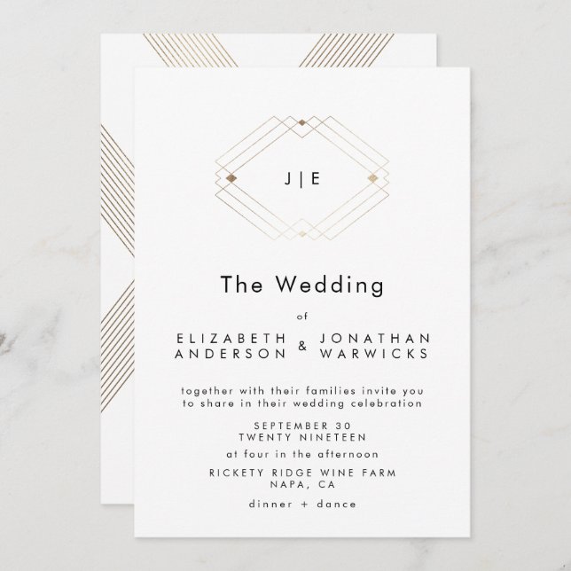 Modern Double Monogram Geometric Gold Wedding Invitation (Front/Back)