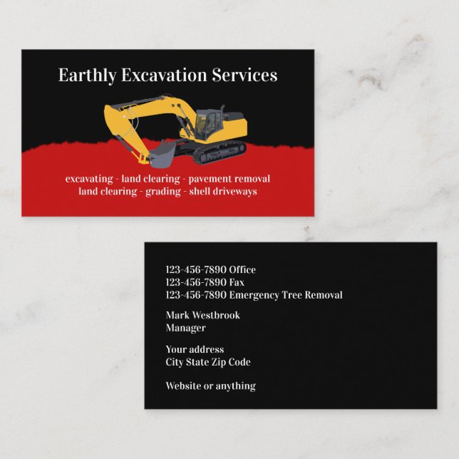 Modern Double Side Excavating Services Business Card (Front/Back)