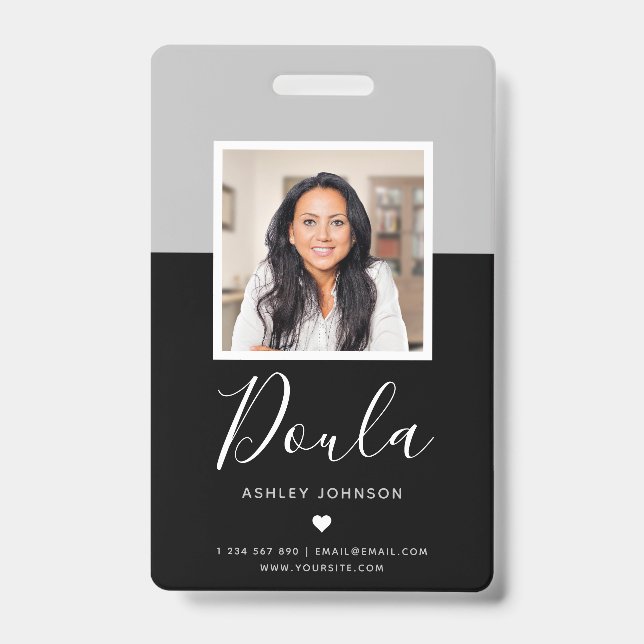 Modern Doula Midwife Photo Name Tag ID Gray Black  Badge (Front)