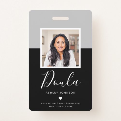 Modern Doula Midwife Photo Name Tag ID Gray Black  Badge