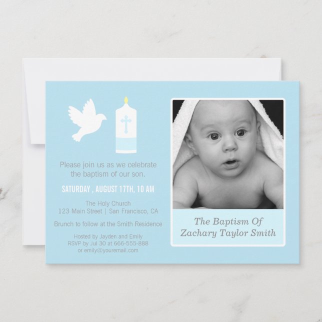 Modern Dove and Candle Photo Baptism Invitations (Front)