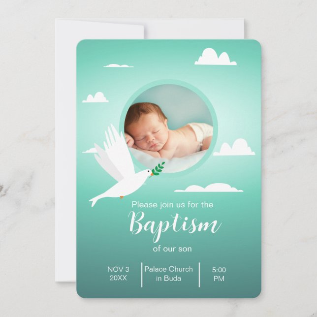 Modern Dove Teal Blue Baptism Invitation for Boy (Front)