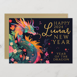 Modern Dragon Chinese Lunar New Year Floral Holiday Card