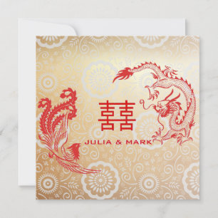 Modern Dragon-Phoenix Chinese Wedding Gold Red Invitation