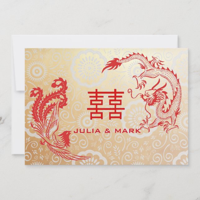 Modern Dragon-Phoenix Chinese Wedding Gold Red Invitation (Front)