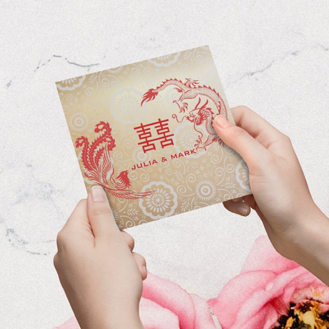 Modern Dragon-Phoenix Chinese Wedding Gold Red Invitation (Creator Uploaded)